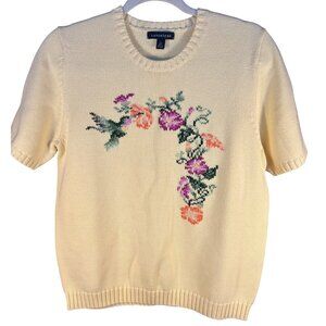 Lands End Womens Medium 10/12 Yellow Knit Sweater Floral & Hummingbird Granny